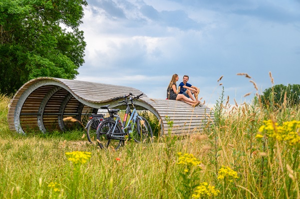 Een stel zit op een houten golvend kunstwerk in een bloemenrijke weide, fietsen staan naast het pad.