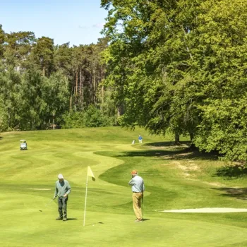Golfers op een groene golfbaan in het bosrijke landschap van Golfbaan De Herkenbosche in Limburg.